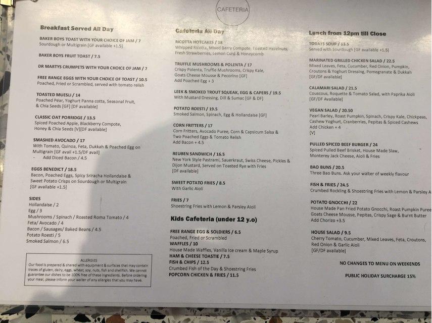 Menu at Cafeteria, Black Rock, 36 Bluff Rd