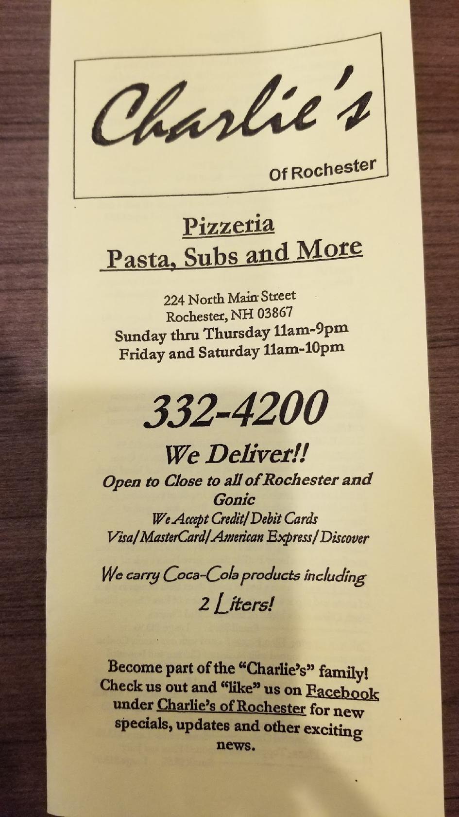 Menu at Charlie's of Rochester pizzeria, Rochester