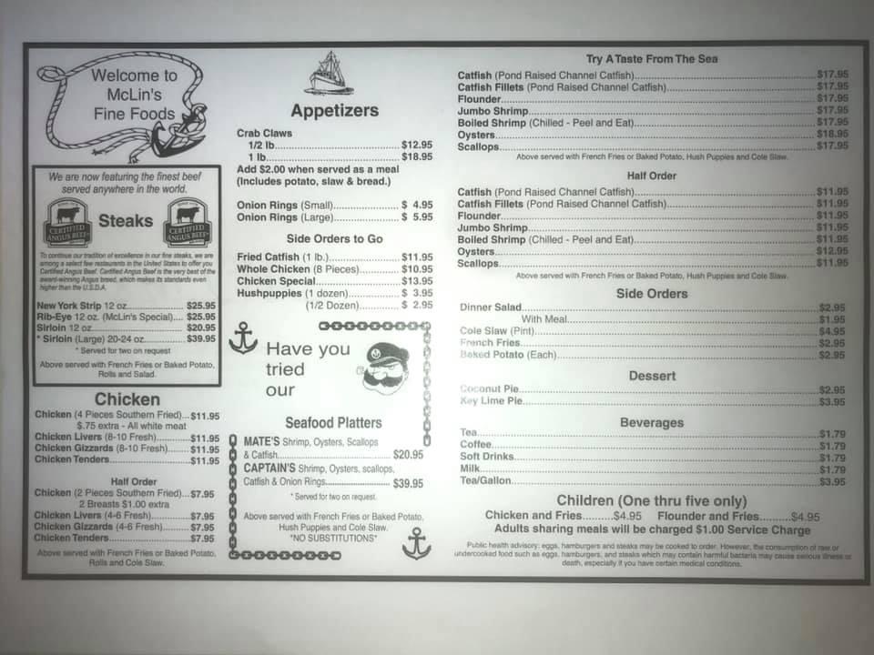 Menu At McLin S Restaurant Daleville 2 Old Newton Rd