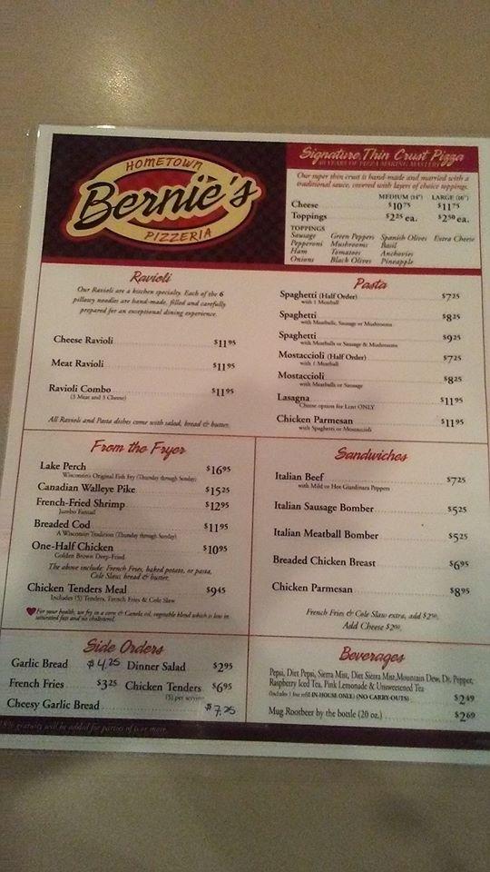 Menu at Bernie's Pizzeria, Racine