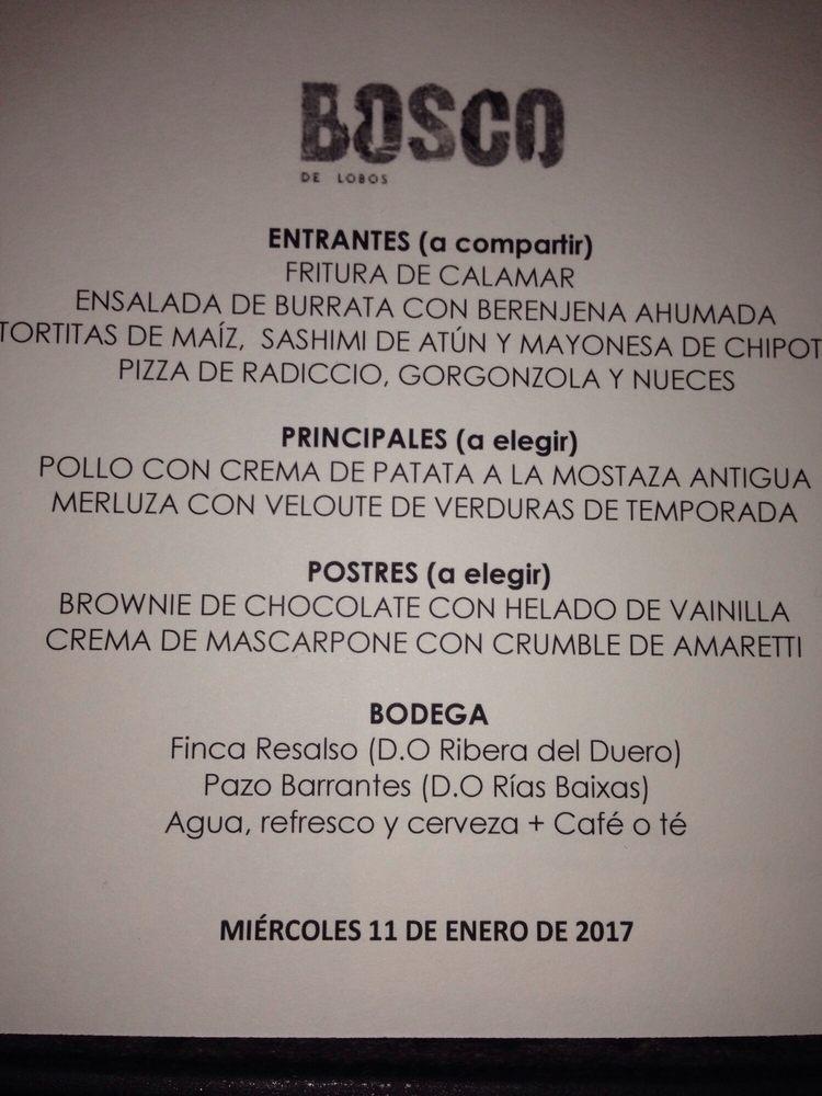 Carta del restaurante Bosco del Lobos Madrid, Madrid