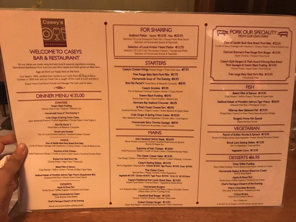 Menu at Casey's Bar & Restaurant, Kenmare