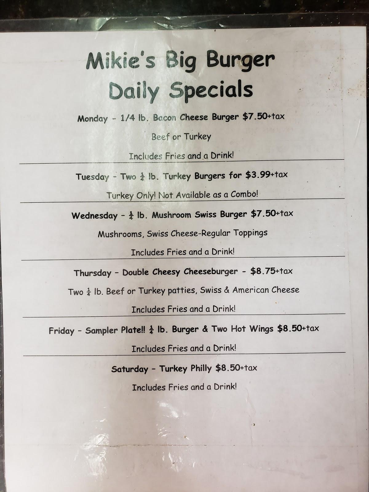 Menu at Mikie's Big Burger restaurant, McDonough