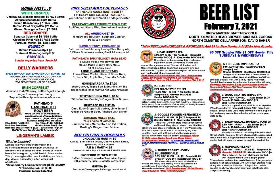 Menu at Fat Heads Brewery & Saloon - North Olmsted, OH pub & bar, North ...