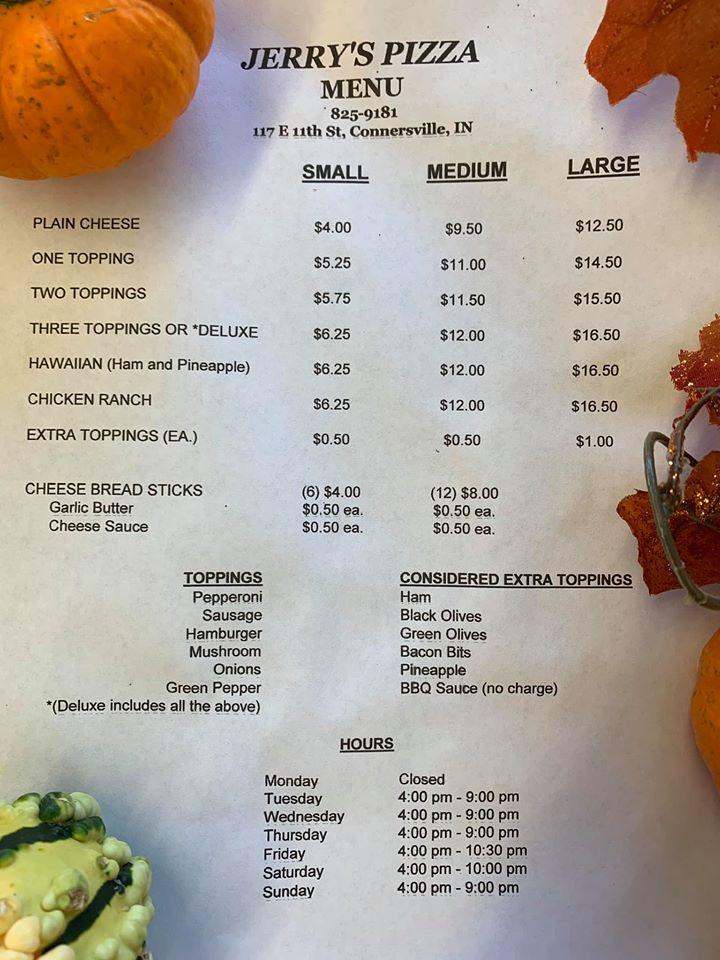 Menu at Jerry's Pizza pizzeria, Connersville