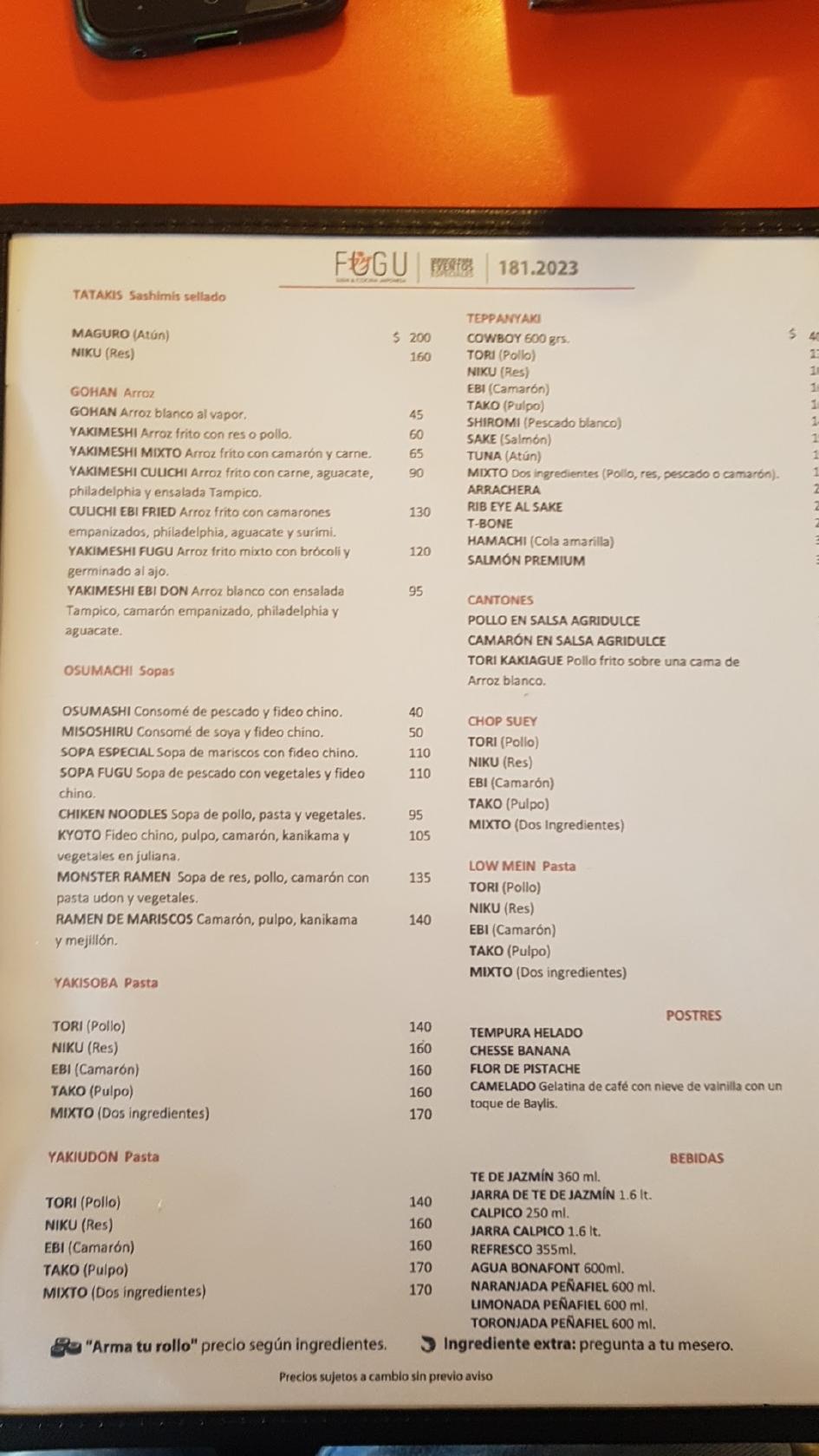 Menu at Fugu Sushi & Cocina Japonesa restaurant, Tepic