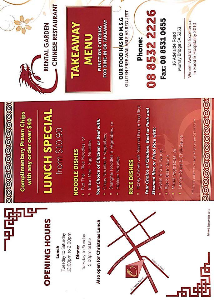 Oriental Garden Restaurant in Murray Bridge Restaurant menu and reviews