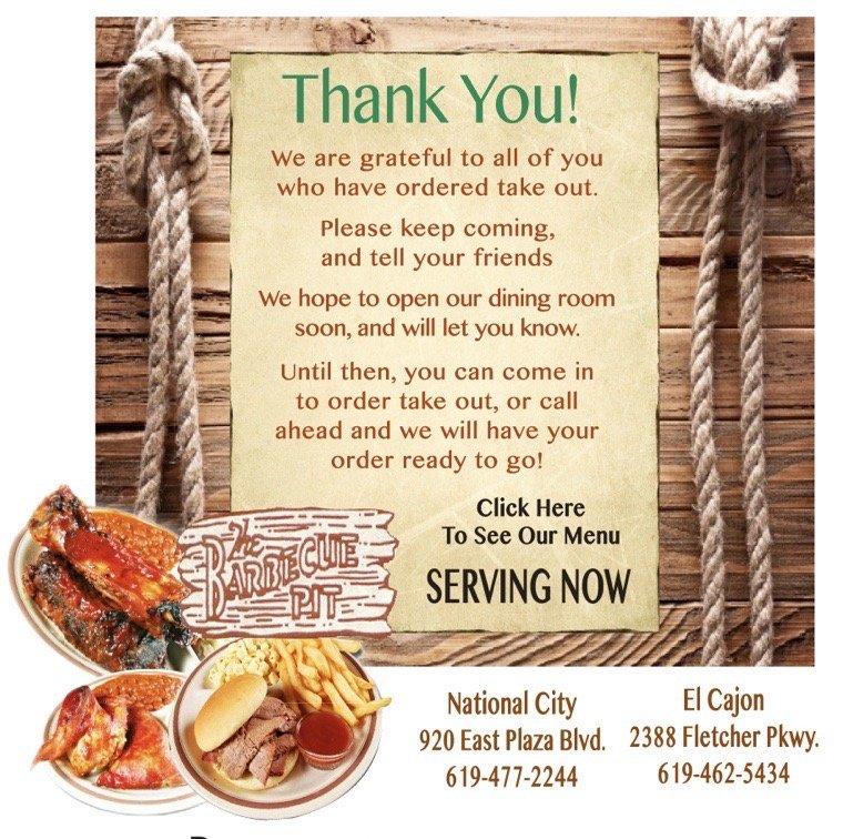Menu at The Barbecue Pit, El Cajon, Fletcher Pkwy