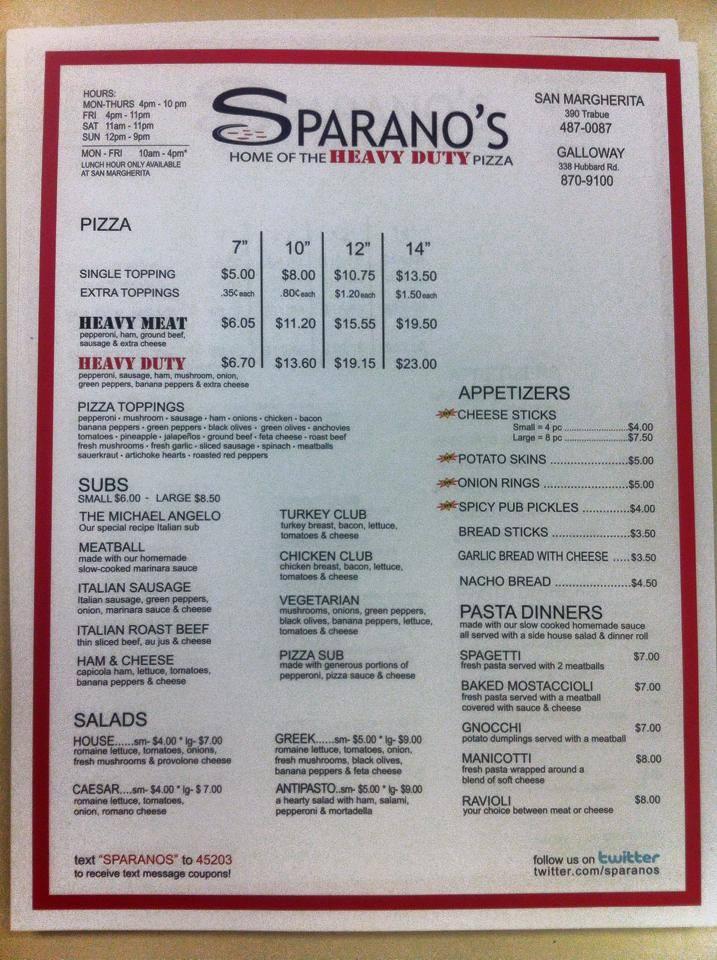Menu at Sparano's Pizza pizzeria, Columbus, Trabue Rd