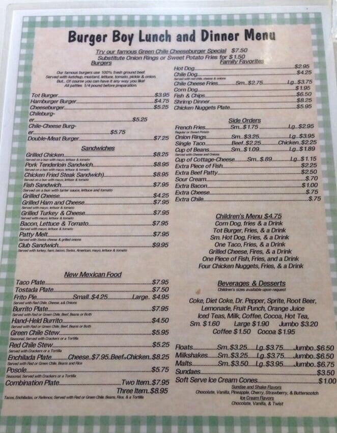 Menu at Burger Boy restaurant, Cedar Crest, NM14