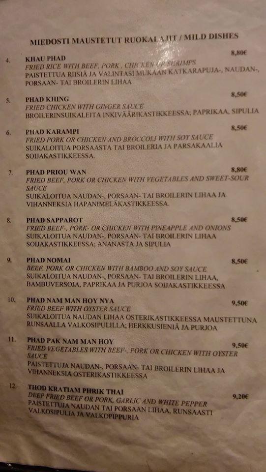 Menu at Ravintola Baan Thai restaurant, Turku