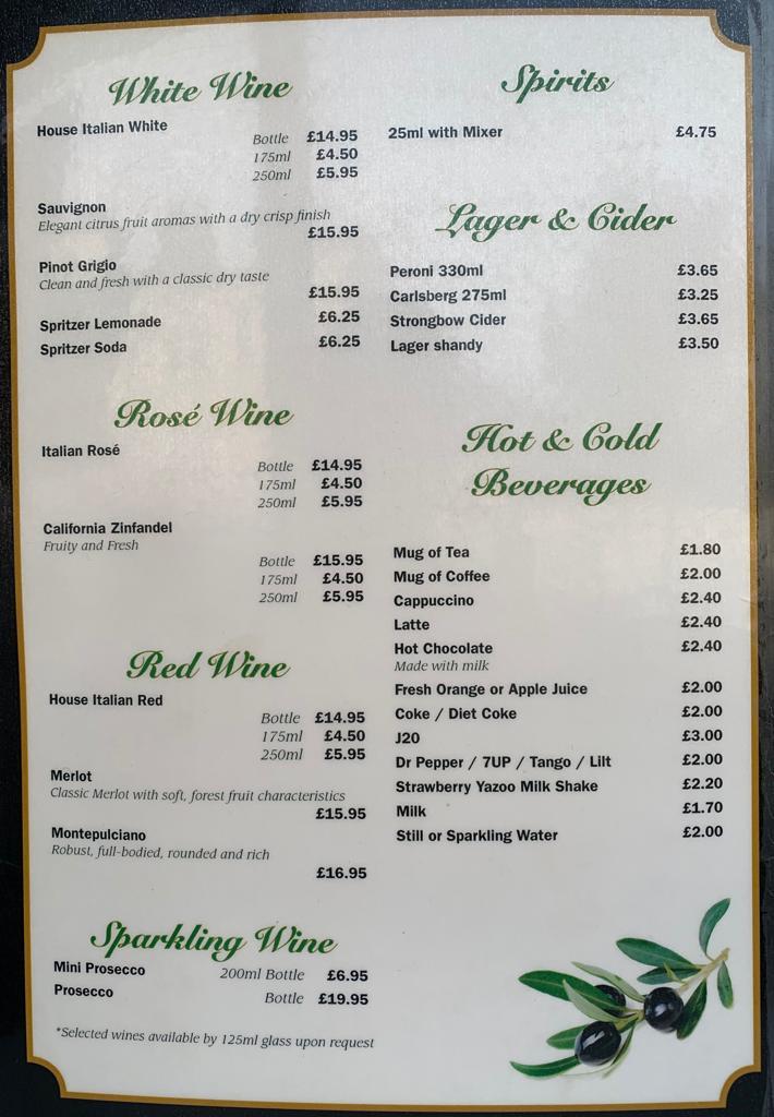 Menu at The Olive Tree restaurant, SouthendonSea