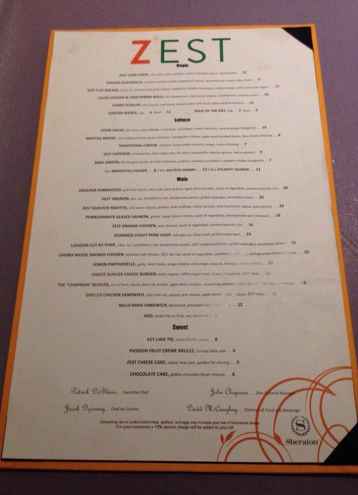 Menu at Zest restaurant, Orlando, S Apopka Vineland Rd