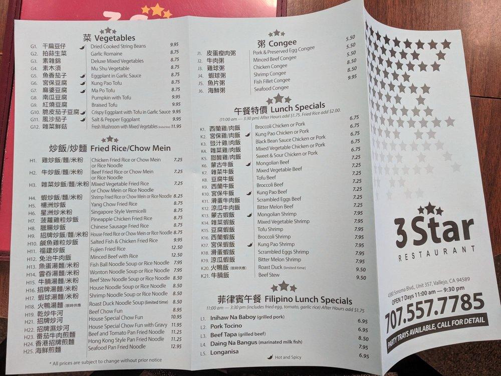Menu at 3 Star restaurant, Vallejo