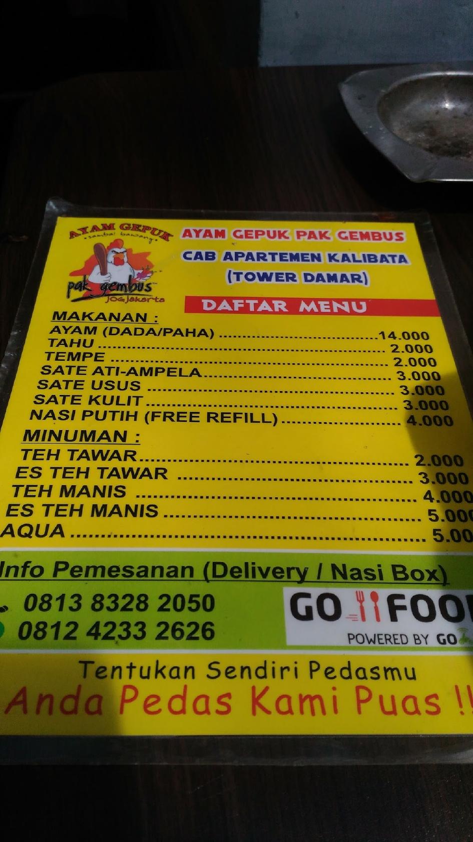 Menu at Ayam Gepuk Pak Gembus Kalibata City restaurant, South Jakarta