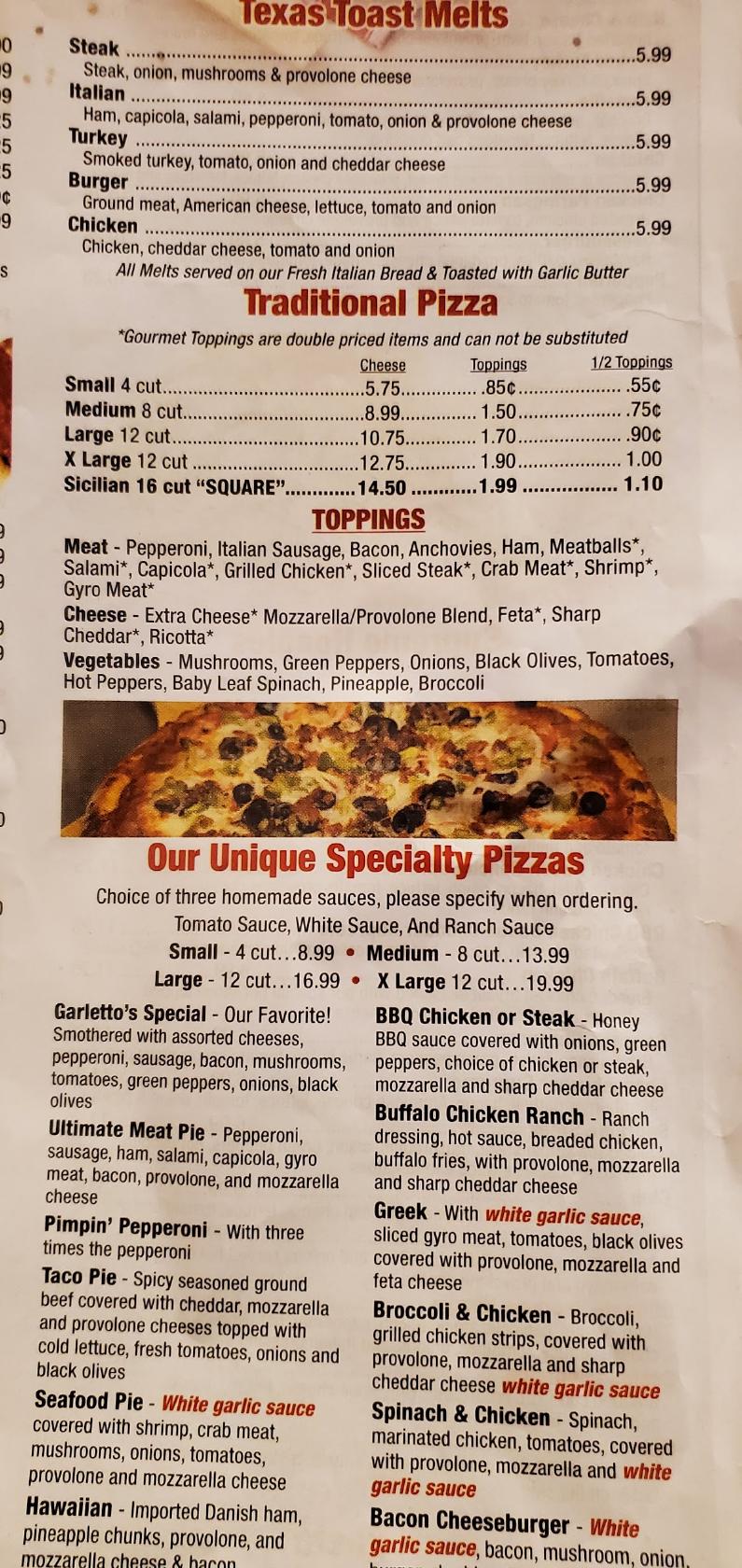 Garlettos pizza menu