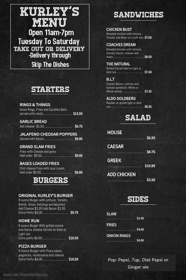 Menu at Kurley's AC pub & bar, Windsor