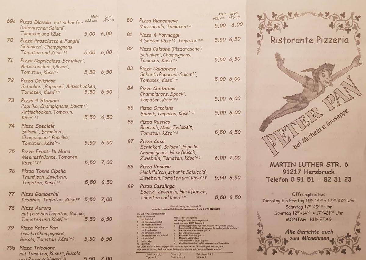 Speisekarte von Pizzeria Peter Pan, Hersbruck