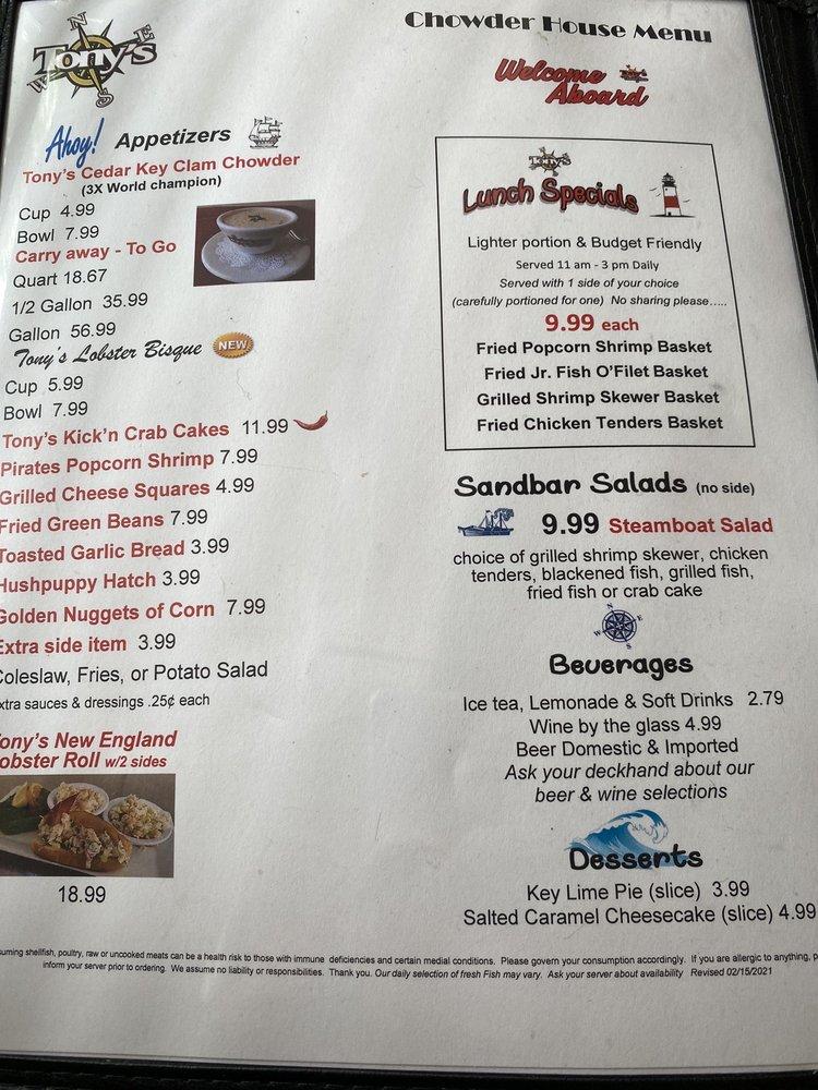 Menu at Tonys Clam Chowder Seafood Restaurant, Mount Dora