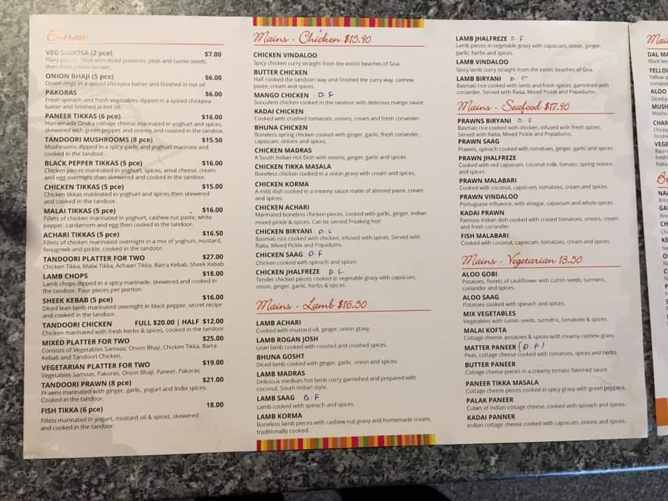 Menu at Black Pepper restaurant, Dunedin