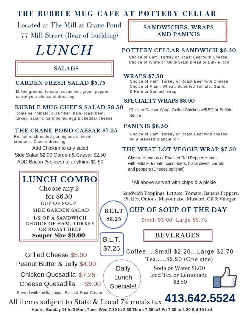 Menu at The Bubble Mug Cafe at Pottery Cellar, Westfield