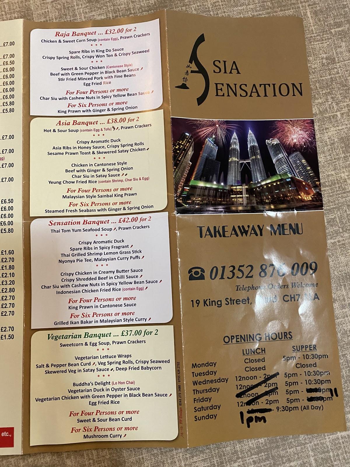 Menu at Asia Sensation restaurant, Mold