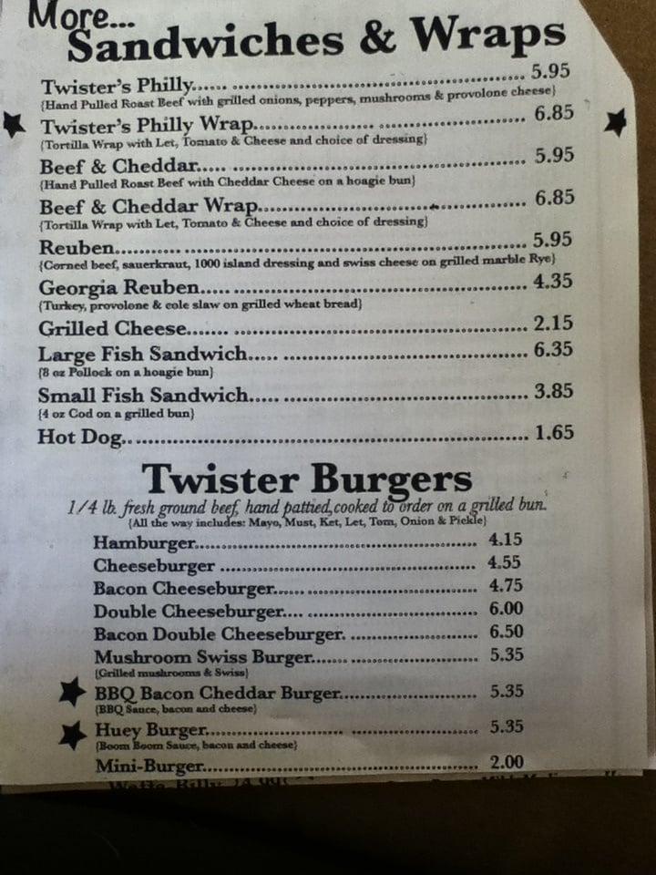 Menu at Twister's Diner restaurant, Knoxville, Washington Pike