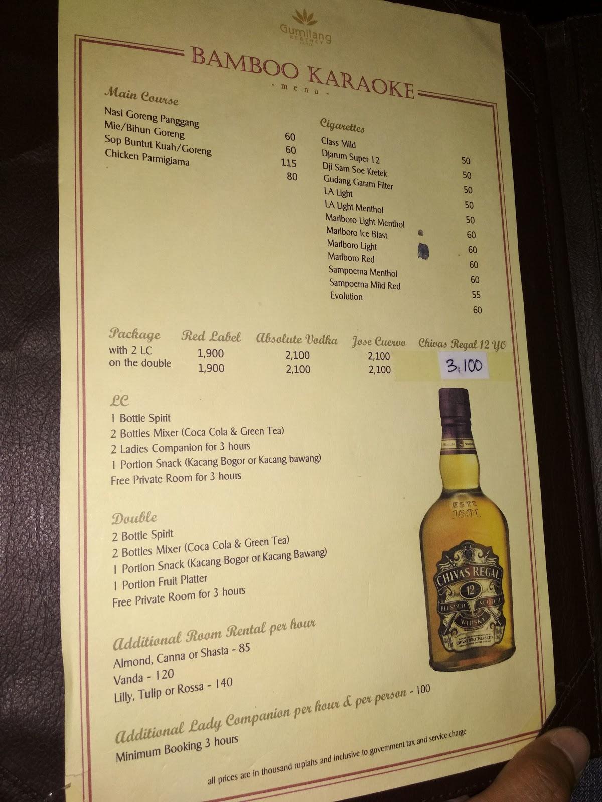 Menu at Bamboo Karaoke pub & bar, Bandung