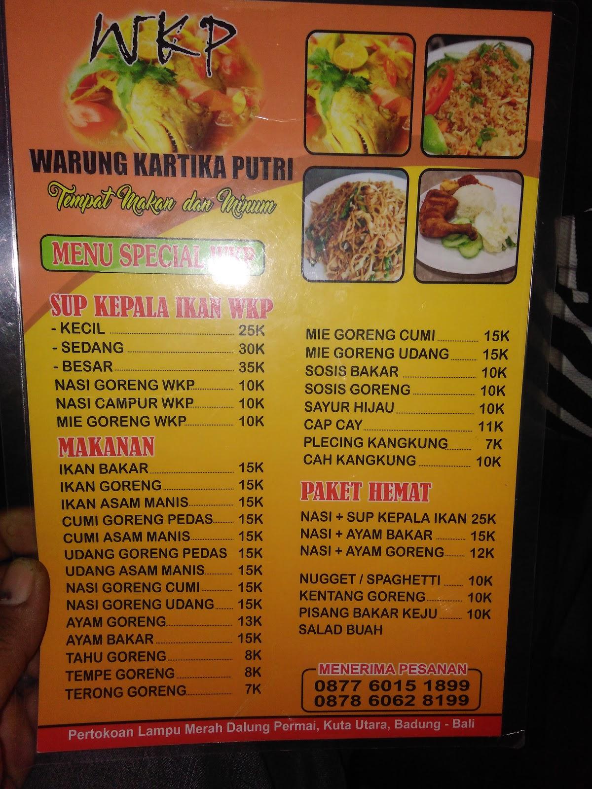 Menu at WKP (Warung Kartika Putri) restaurant, Abiansemal