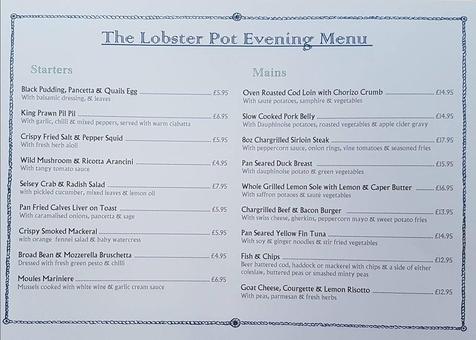Menu at The Lobster Pot restaurant, Bognor Regis