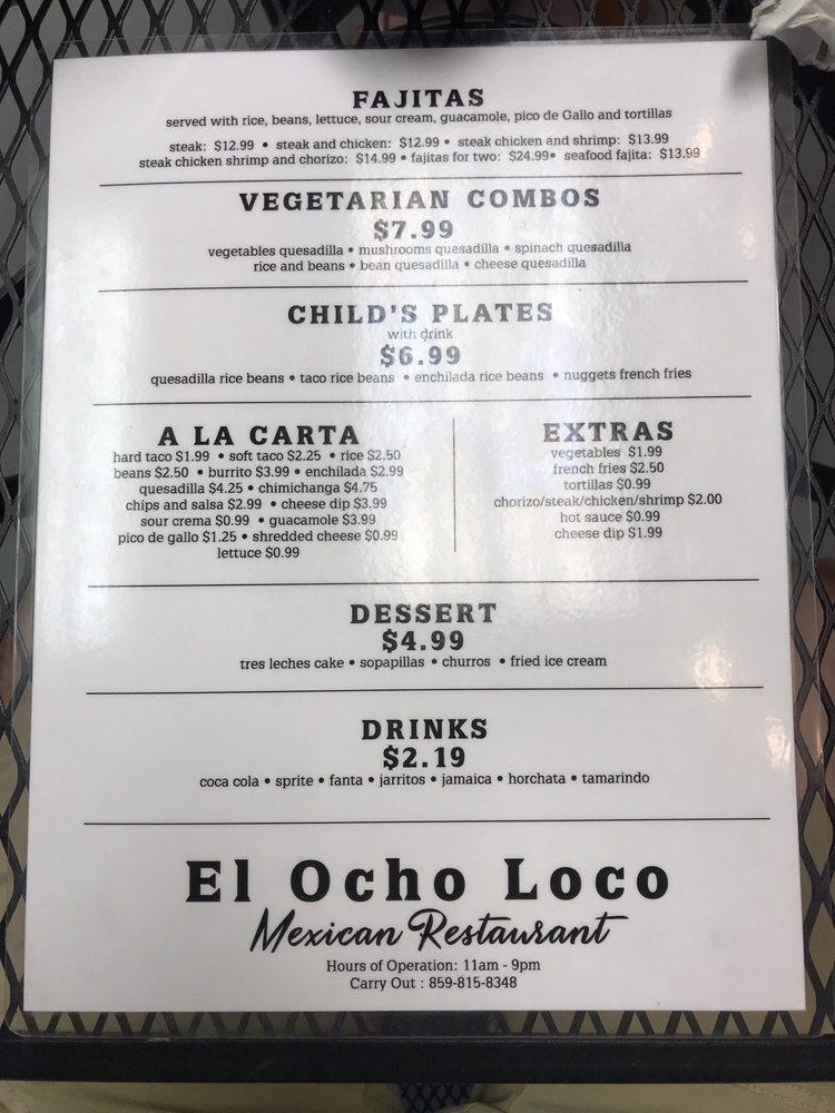 Menu at El Ocho Loco, Mexican Restaurant, Erlanger