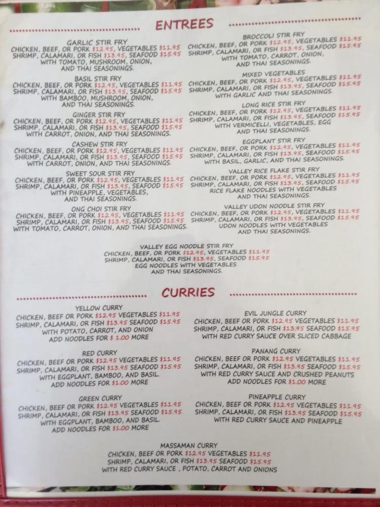Menu at Thai Valley Cuisine restaurant, Honolulu