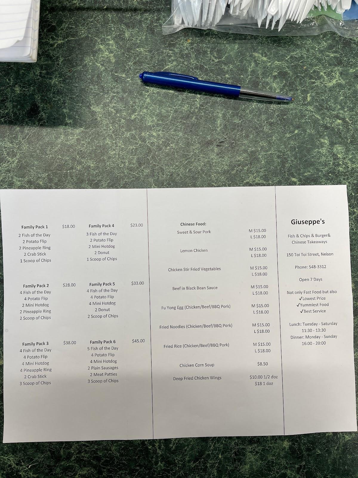 Menu at Giuseppes Fish & Chips & Burgers restaurant, Nelson