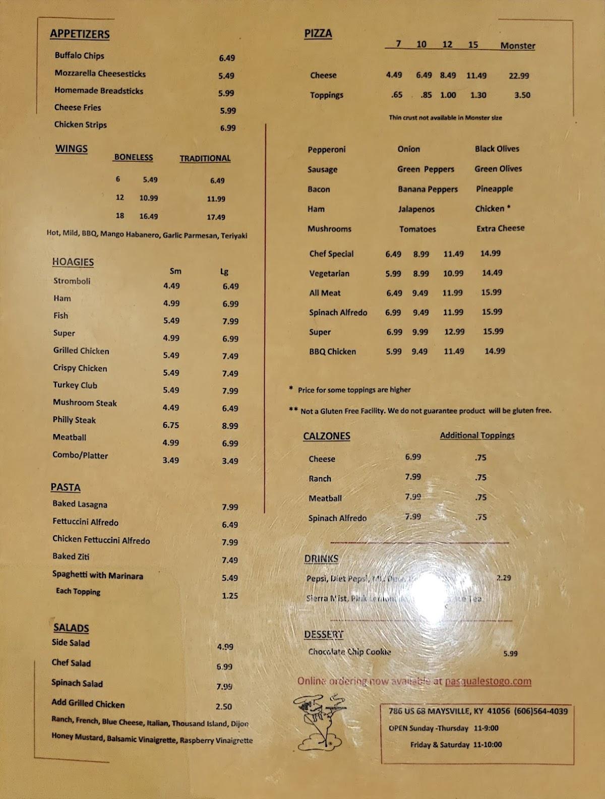 Menu at Pasquale's Restaurant, Maysville, 786 US68