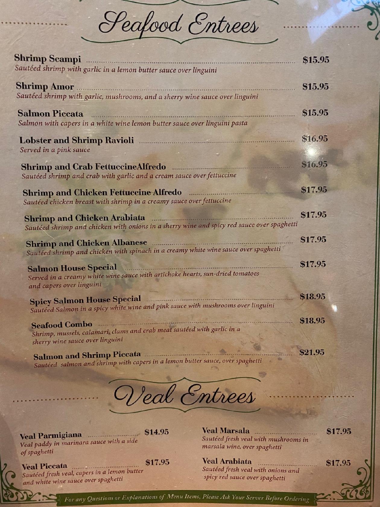 Menu at Pastafina desserts, Cave Springs, E Lowell Ave