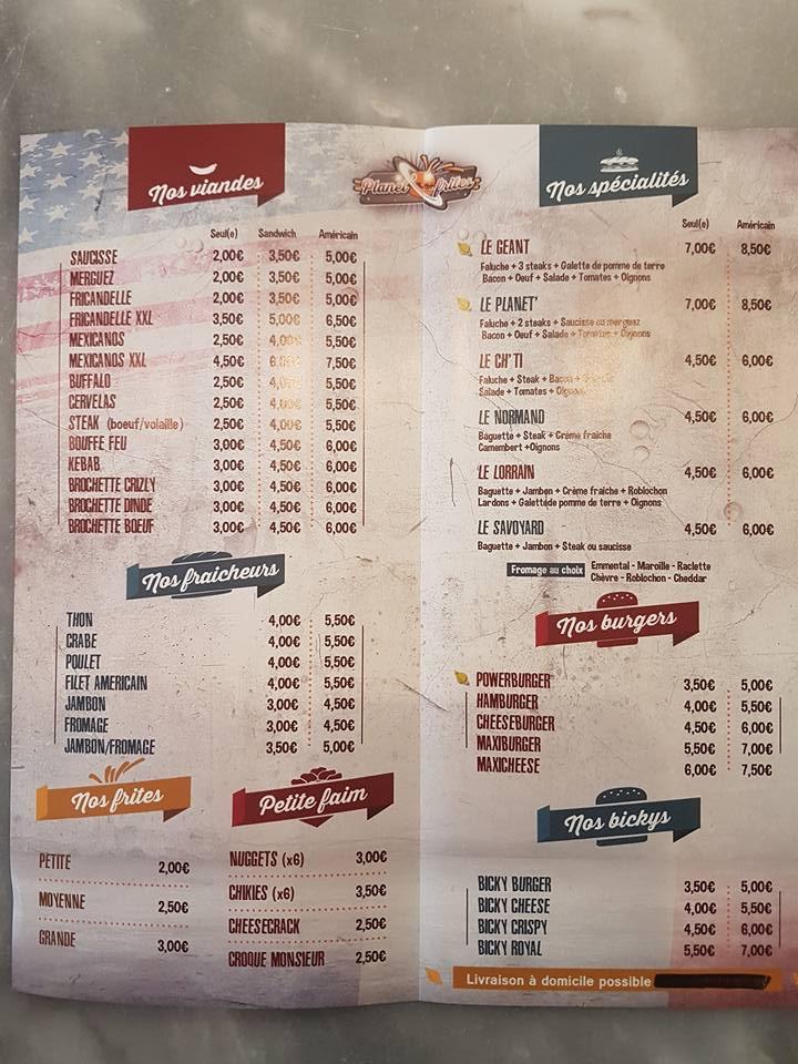 Menu de Planet Frites