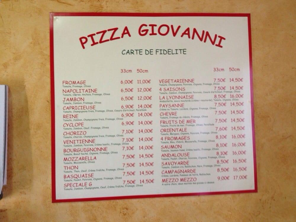 Menu at Pizza Giovanni pizzeria, Lyon