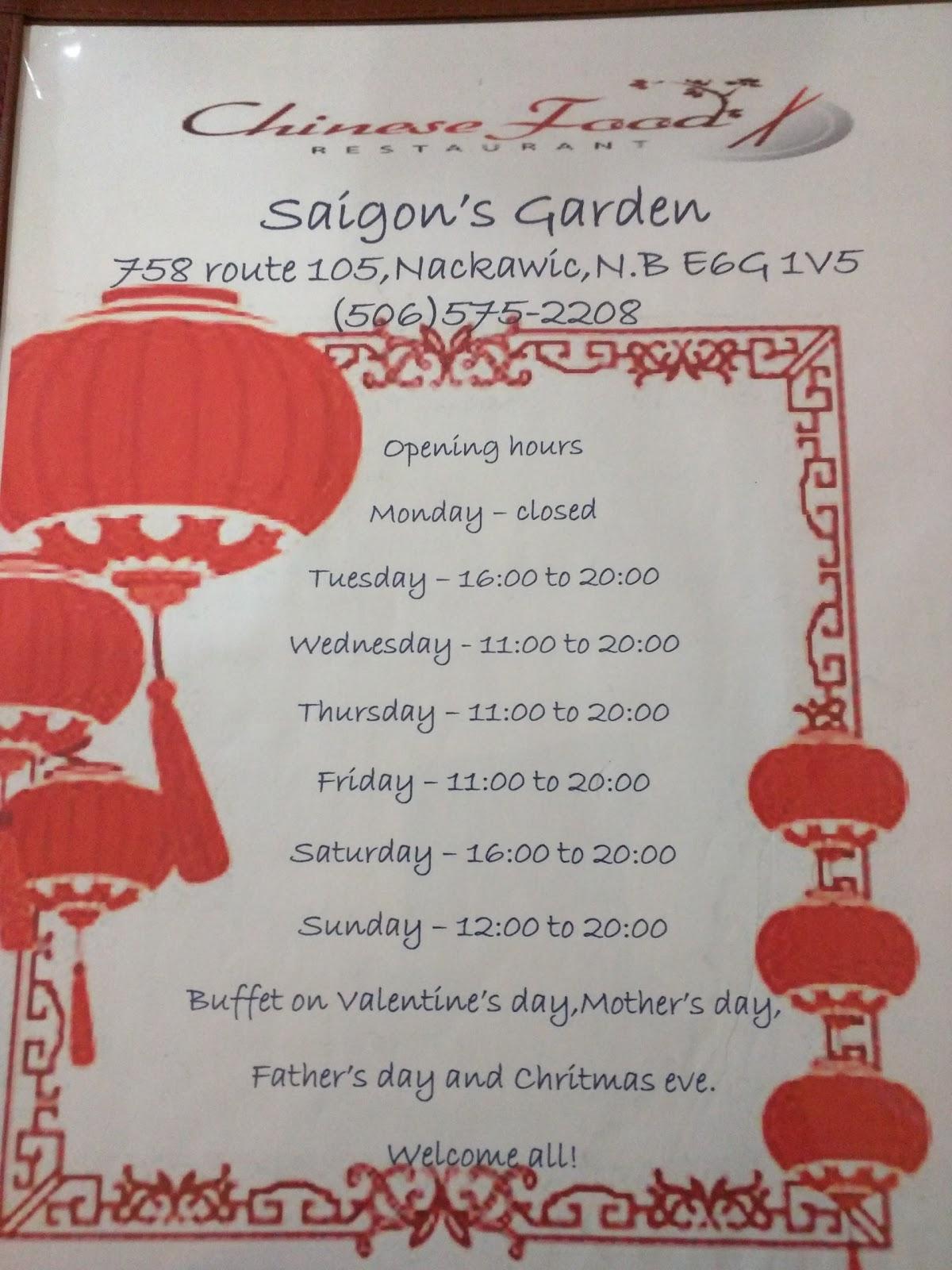 Menu at Saigon's Garden Restaurant, Nackawic