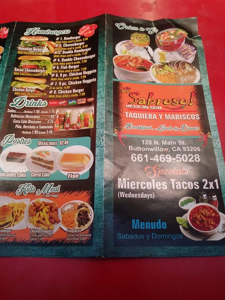 Menu at El Sabroso restaurant, Buttonwillow