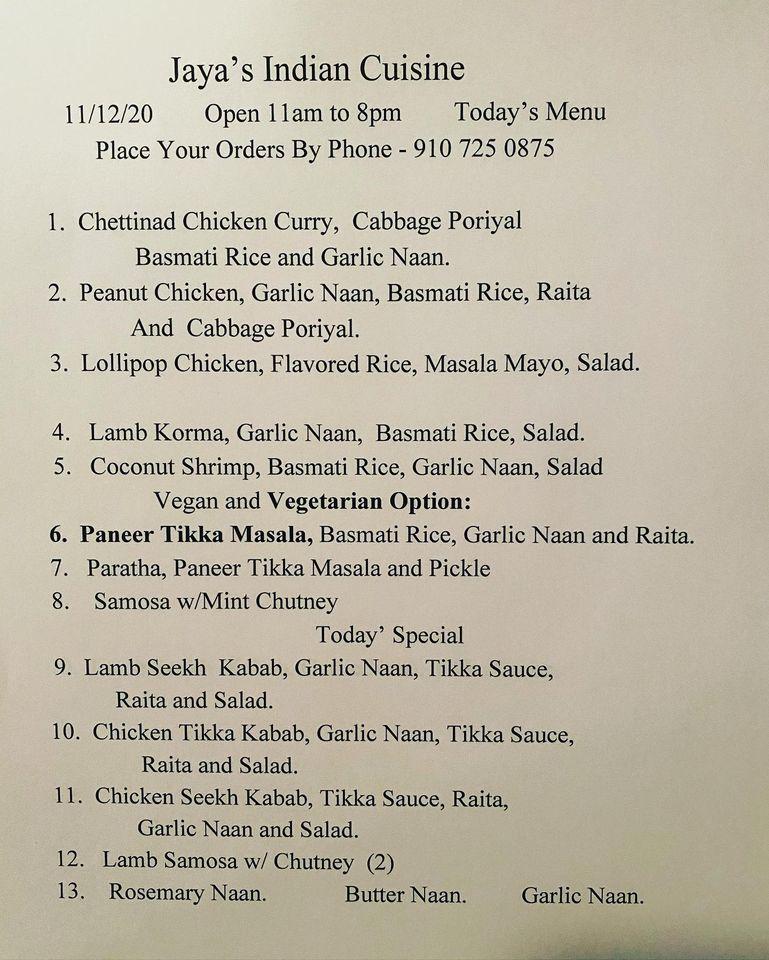 Menu at Jaya's Indian Cuisine restaurant, Southern Pines, N May St