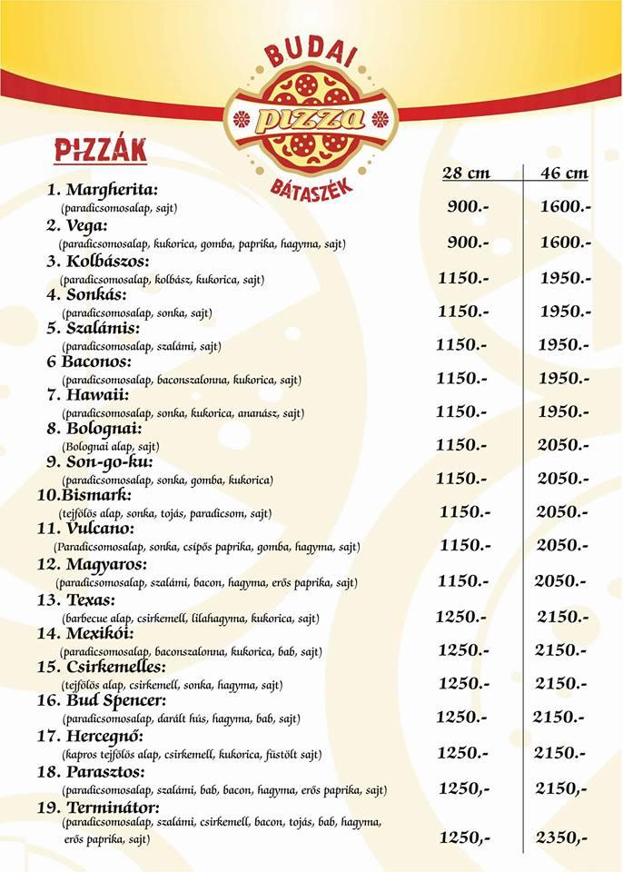 Menu at Budai Pizza restaurant, Bátaszék