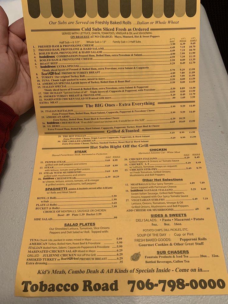 Menu at Baldinos Giant Jersey Subs restaurant, Hephzibah, Tobacco Rd