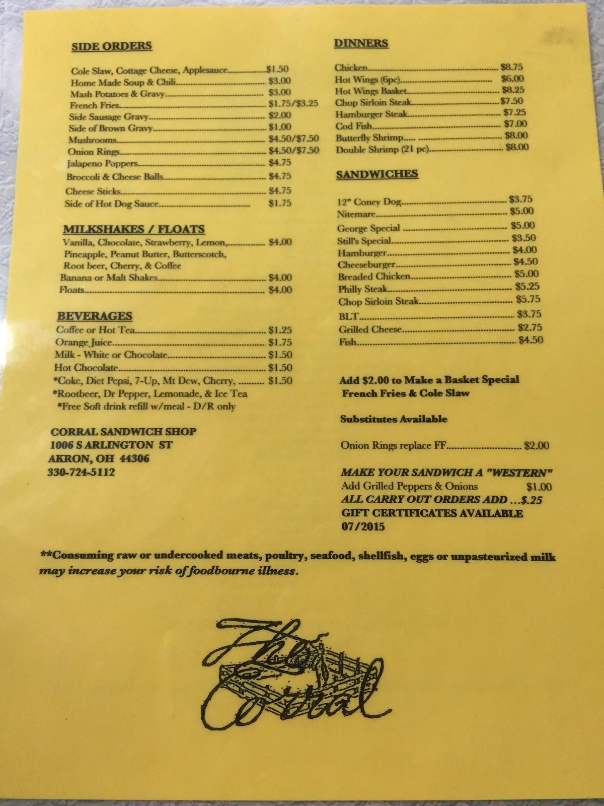 Menu at Corral Sandwich Shop restaurant, Akron