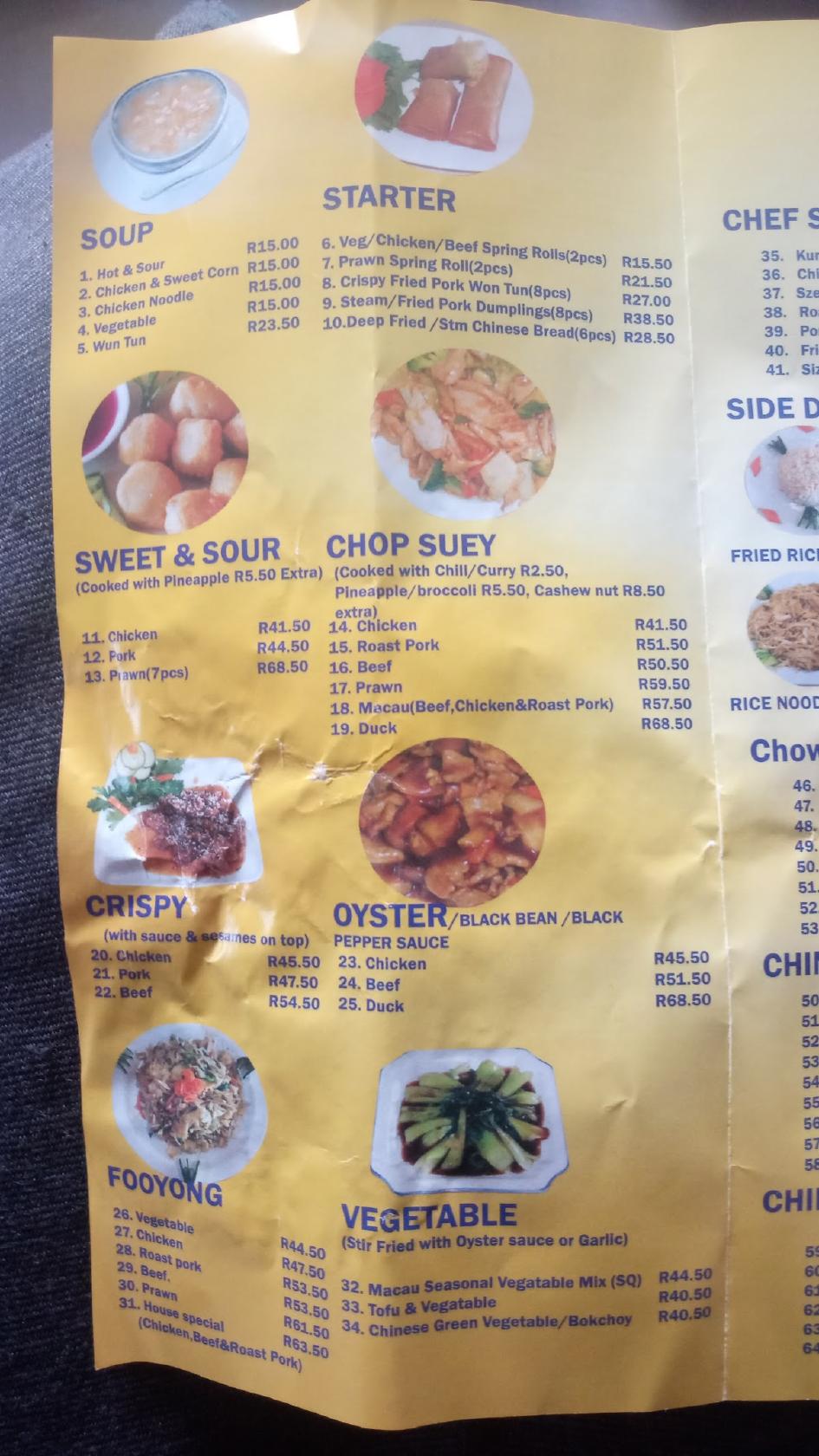 Menu at Macau Cuisine restaurant, Springs