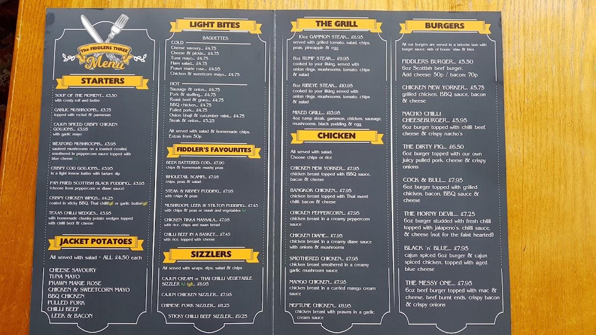 Menu at The Fiddlers Three pub & bar, Gateshead