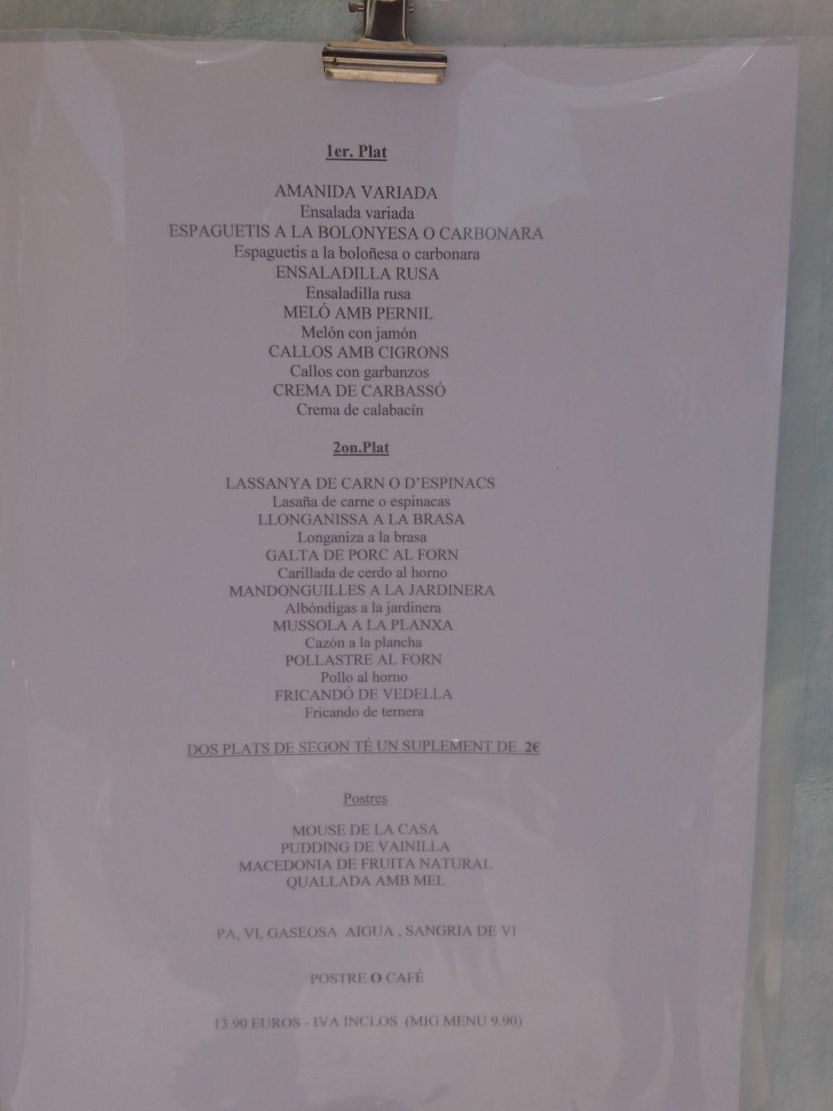 Carta de Restaurant Bonsai, San Carlos de la Rápita
