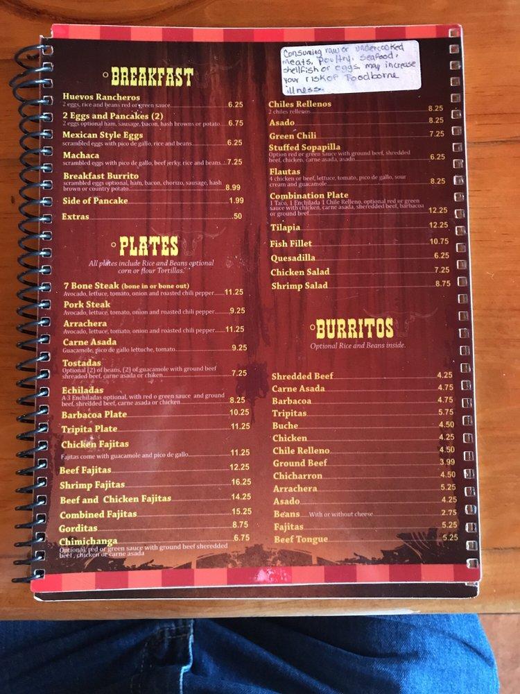 Menu at Los Novillos restaurant, Roswell
