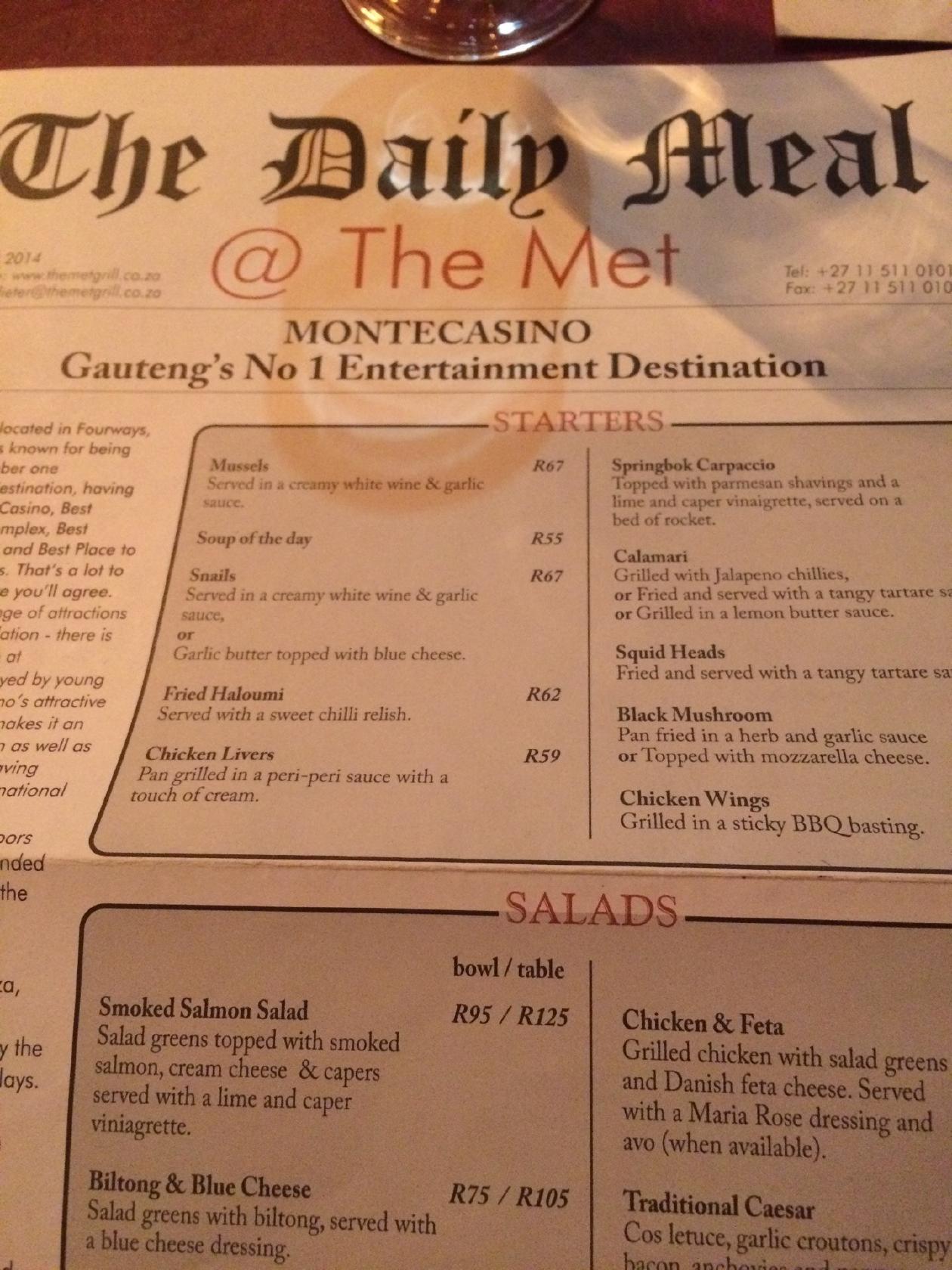 Menu at The Met Grill restaurant, Sandton