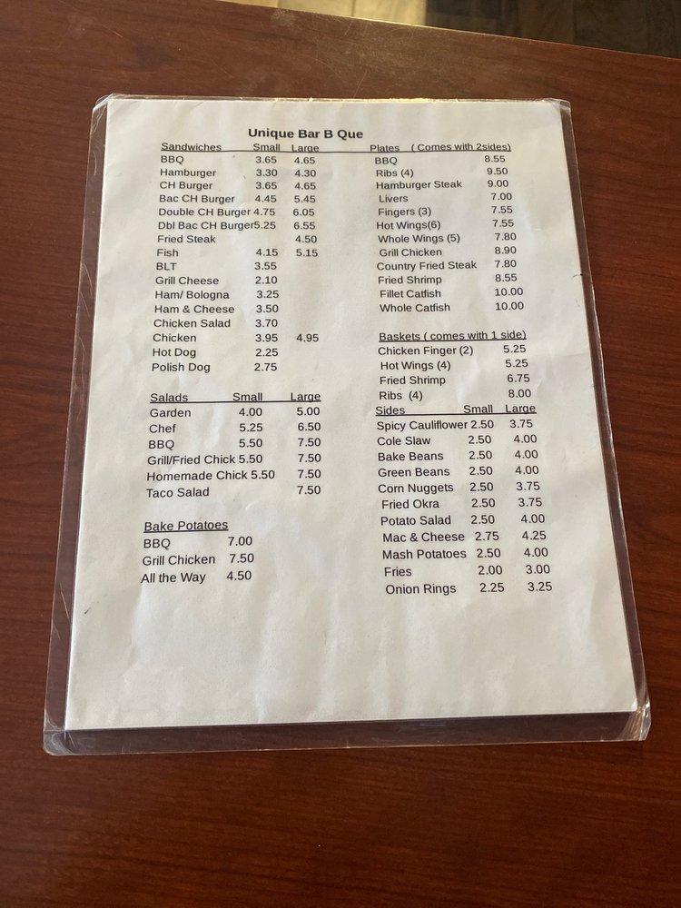 Menu at Unique BarBQ Place, Goodwater