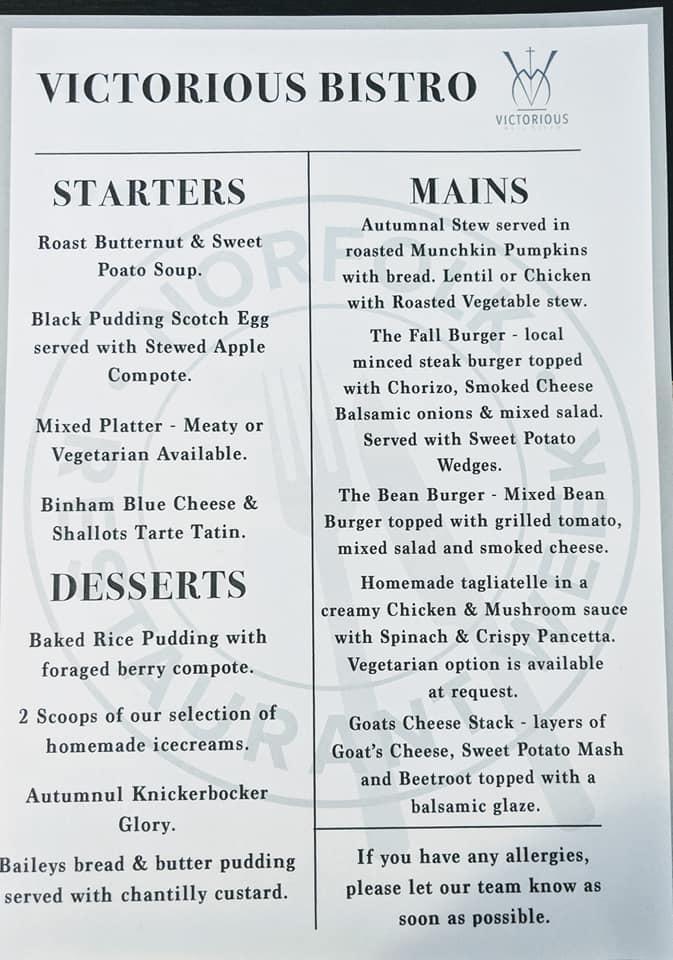 Menu at Victorious restaurant, Walsingham